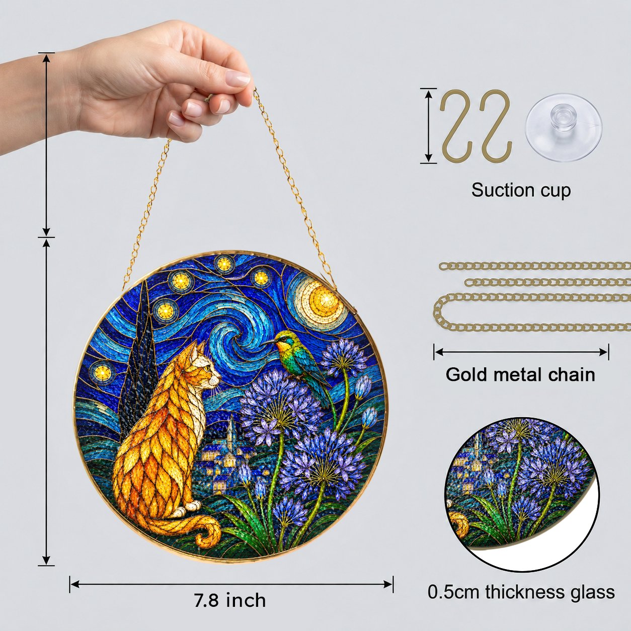 Starry Night Cat Stained Glass Suncatcher
