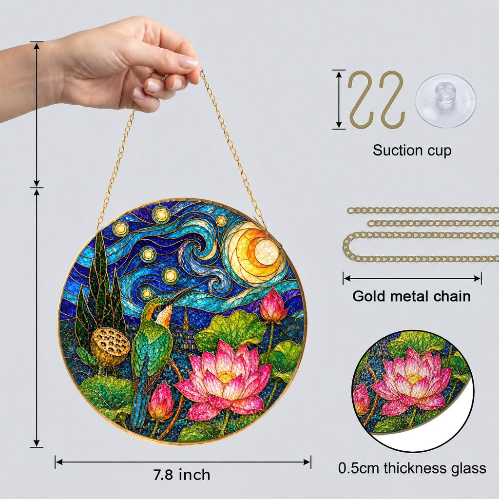 Hummingbird Lotus Stained Glass Suncatcher