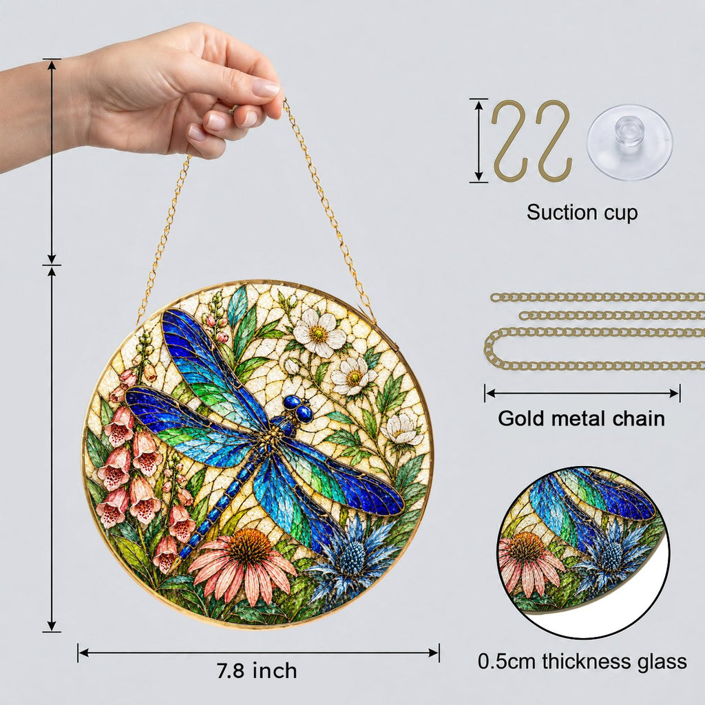 Dragonfly Floral Stained Glass Suncatcher