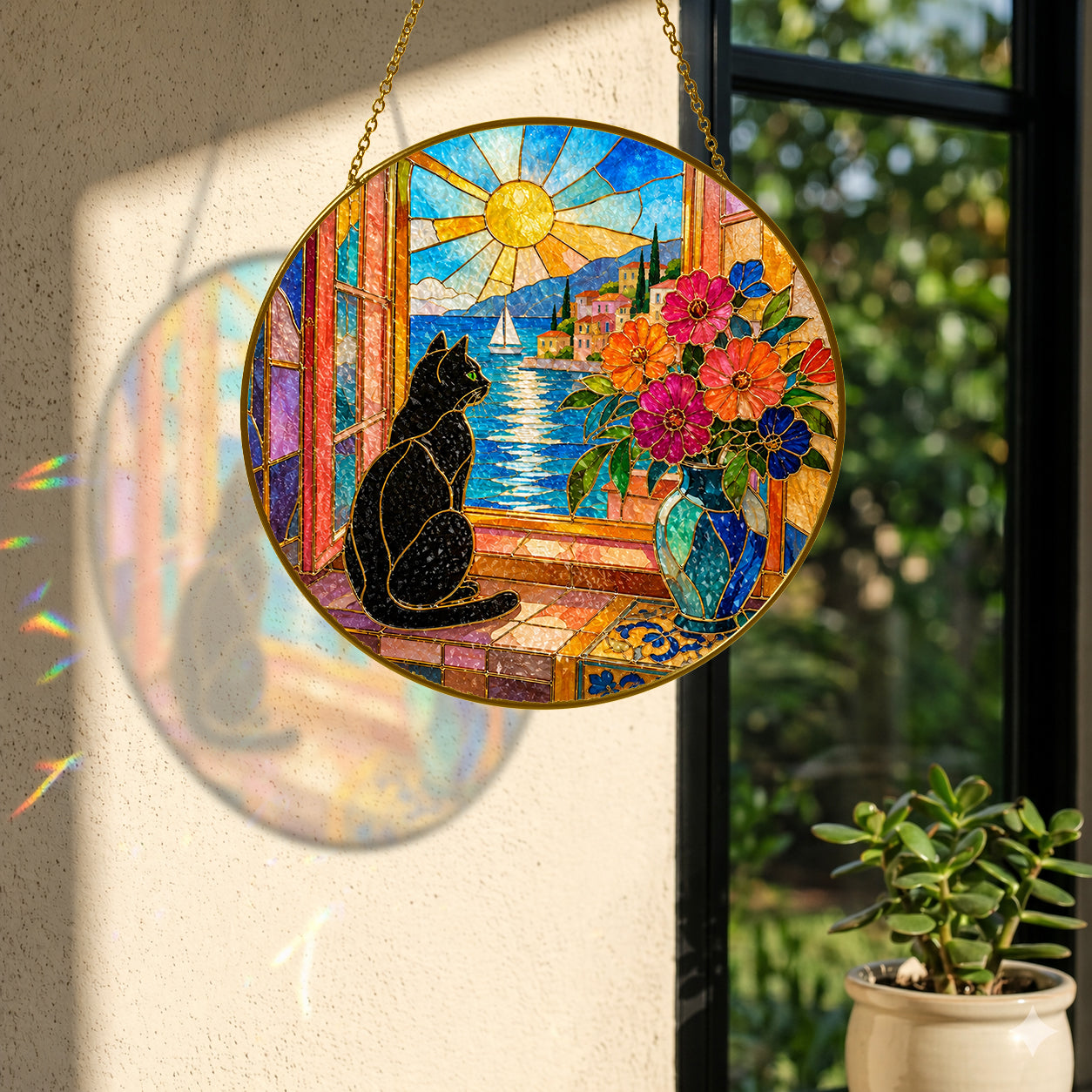 Black Cat & Seaside Window Stained Glass Suncatcher