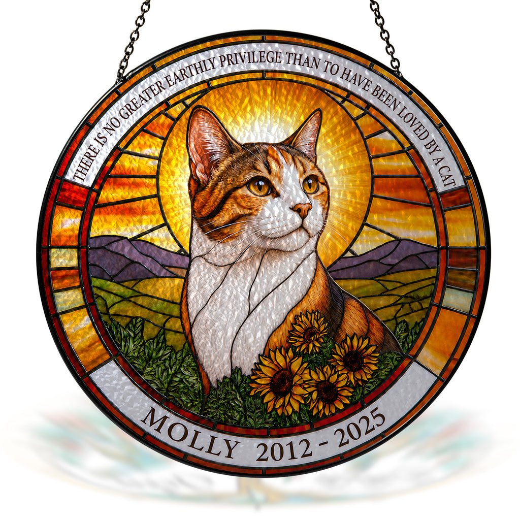 Close-up of personalized cat memorial stained glass suncatcher design