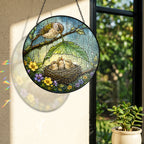 Bird Family Leaf Umbrella Stained Glass Suncatcher
