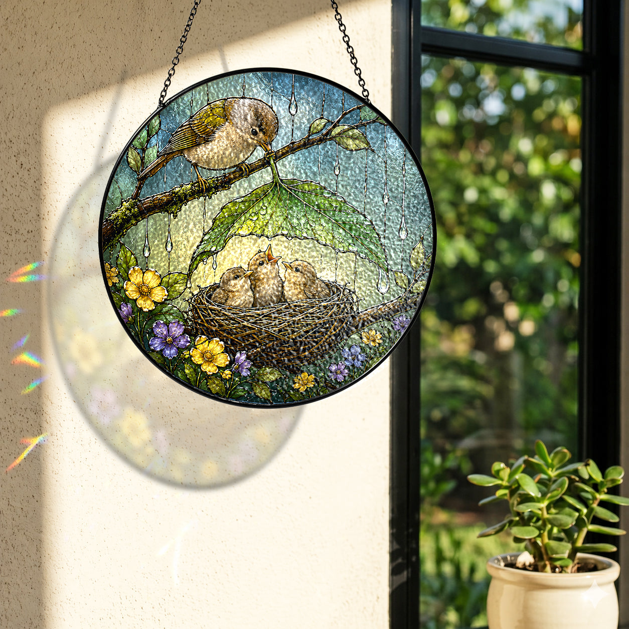 Bird Family Leaf Umbrella Stained Glass Suncatcher