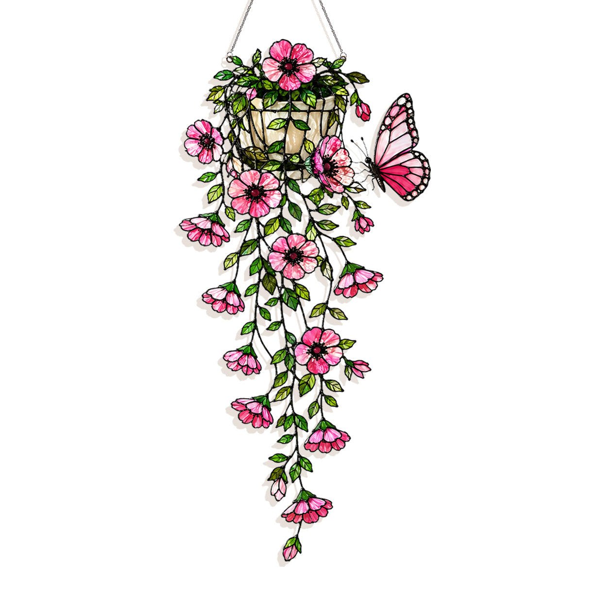 Pink Flower Basket & Butterfly Holographic Acrylic Suncatcher