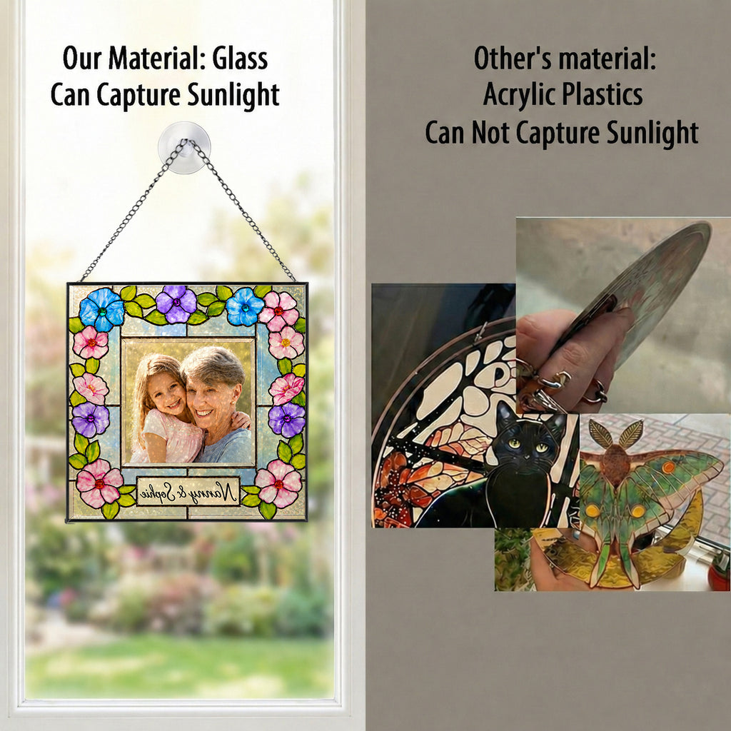 Personalized Photo Suncatcher – Custom Name Floral Frame Stained Glass Window Hanging