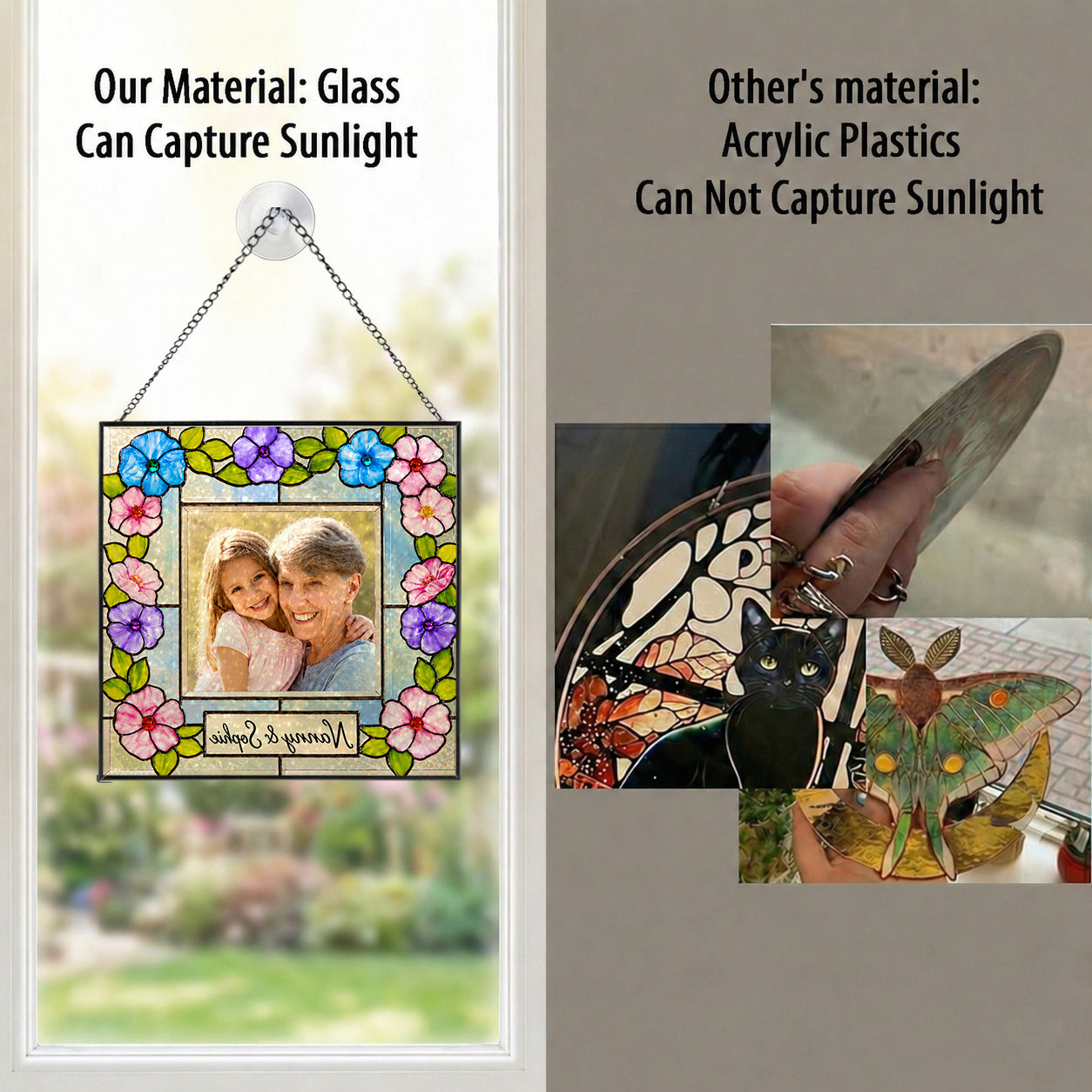 Personalized Photo Suncatcher – Custom Name Floral Frame Stained Glass Window Hanging
