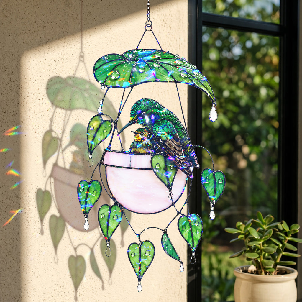 Hummingbird & Hanging Planter Holographic Acrylic Suncatcher