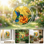 Hummingbird hibiscus puzzle suncatcher on its hanging chain against a white background