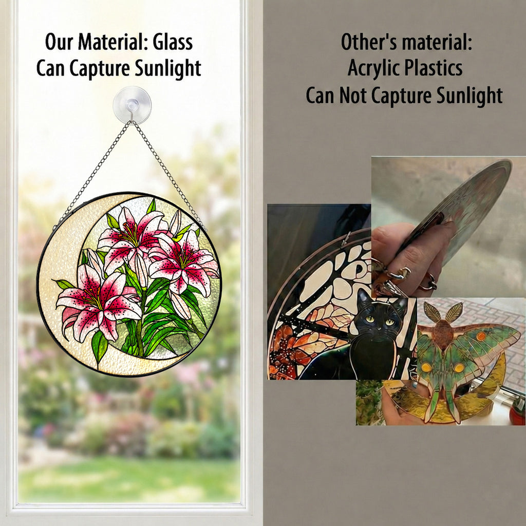 Real glass pink lily suncatcher compared with acrylic, glass captures sunlight