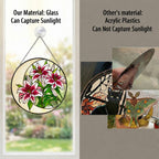 Real glass pink lily suncatcher compared with acrylic, glass captures sunlight