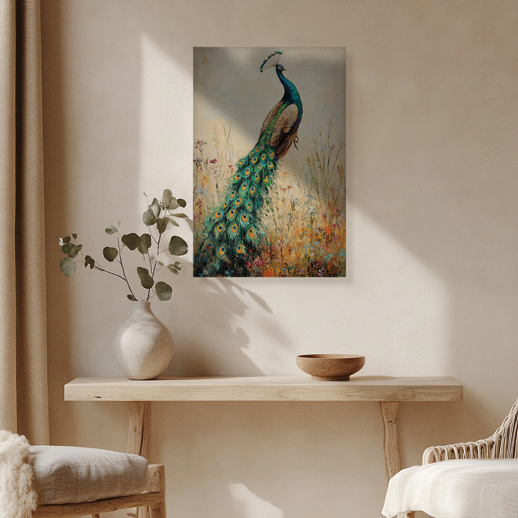 Peacock Canvas Wall Art Vintage Peacock Painting with Wildflowers