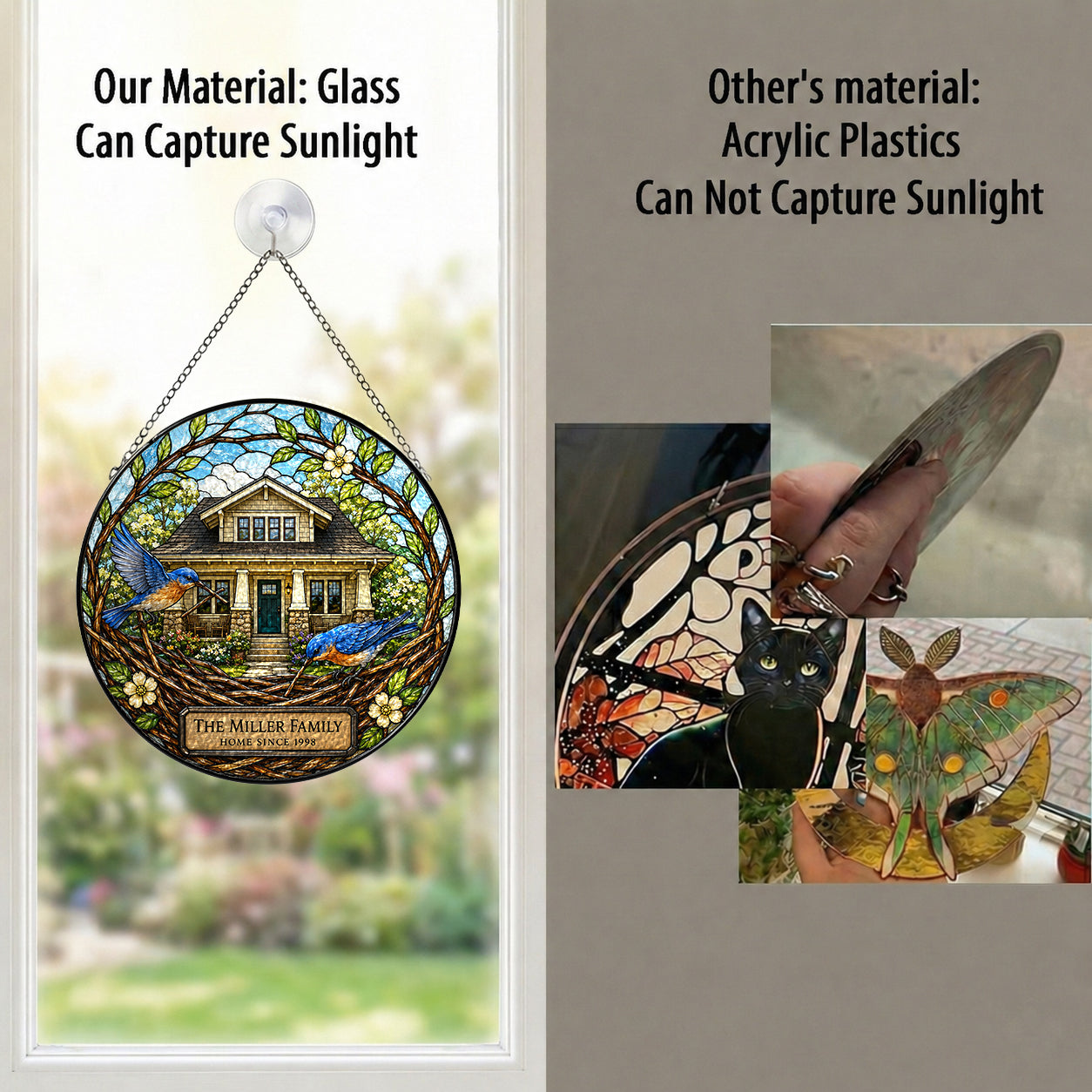 Personalized Family Name Home Bluebird Nest Stained Glass Suncatcher