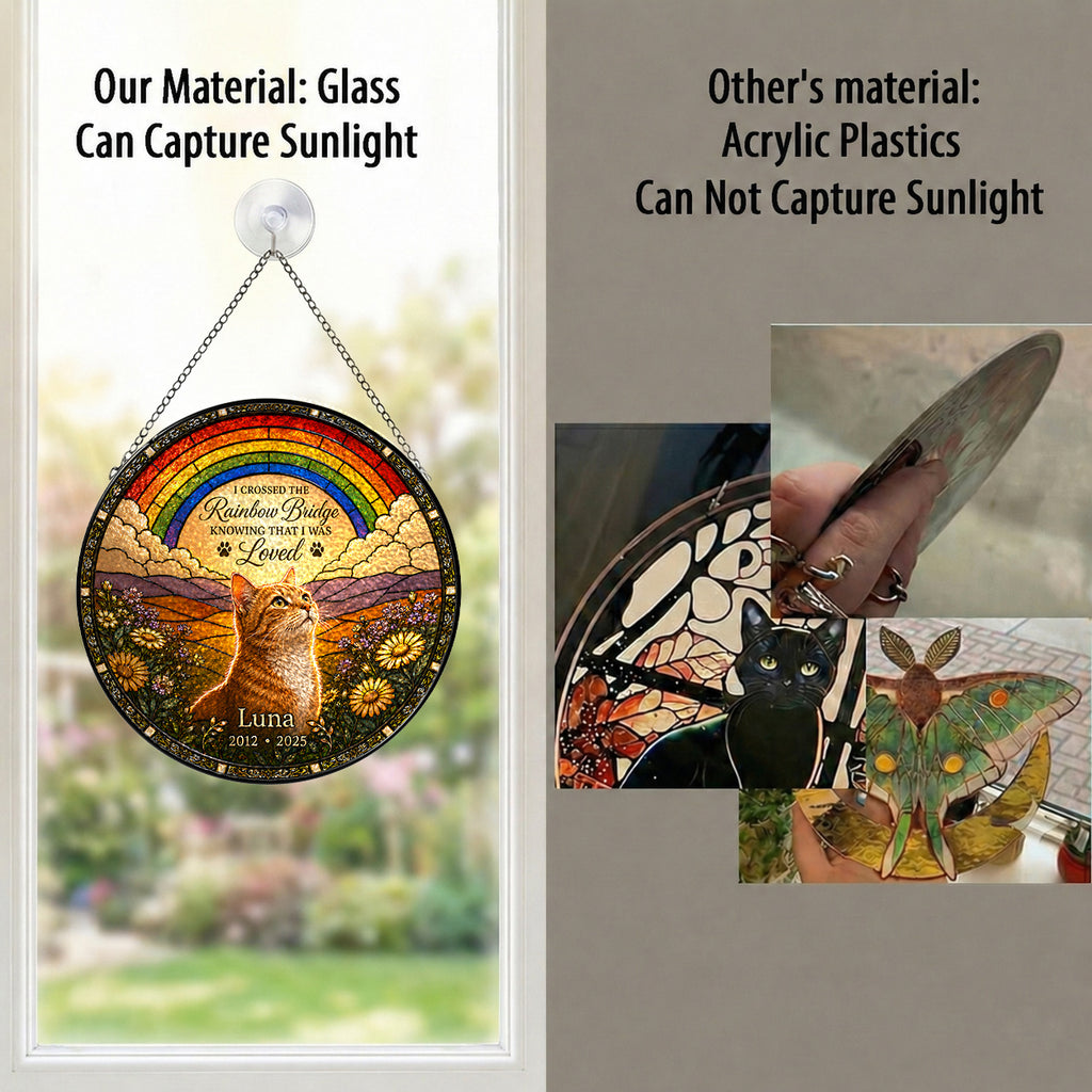 Personalized Rainbow Bridge Cat Memorial Glass Suncatcher