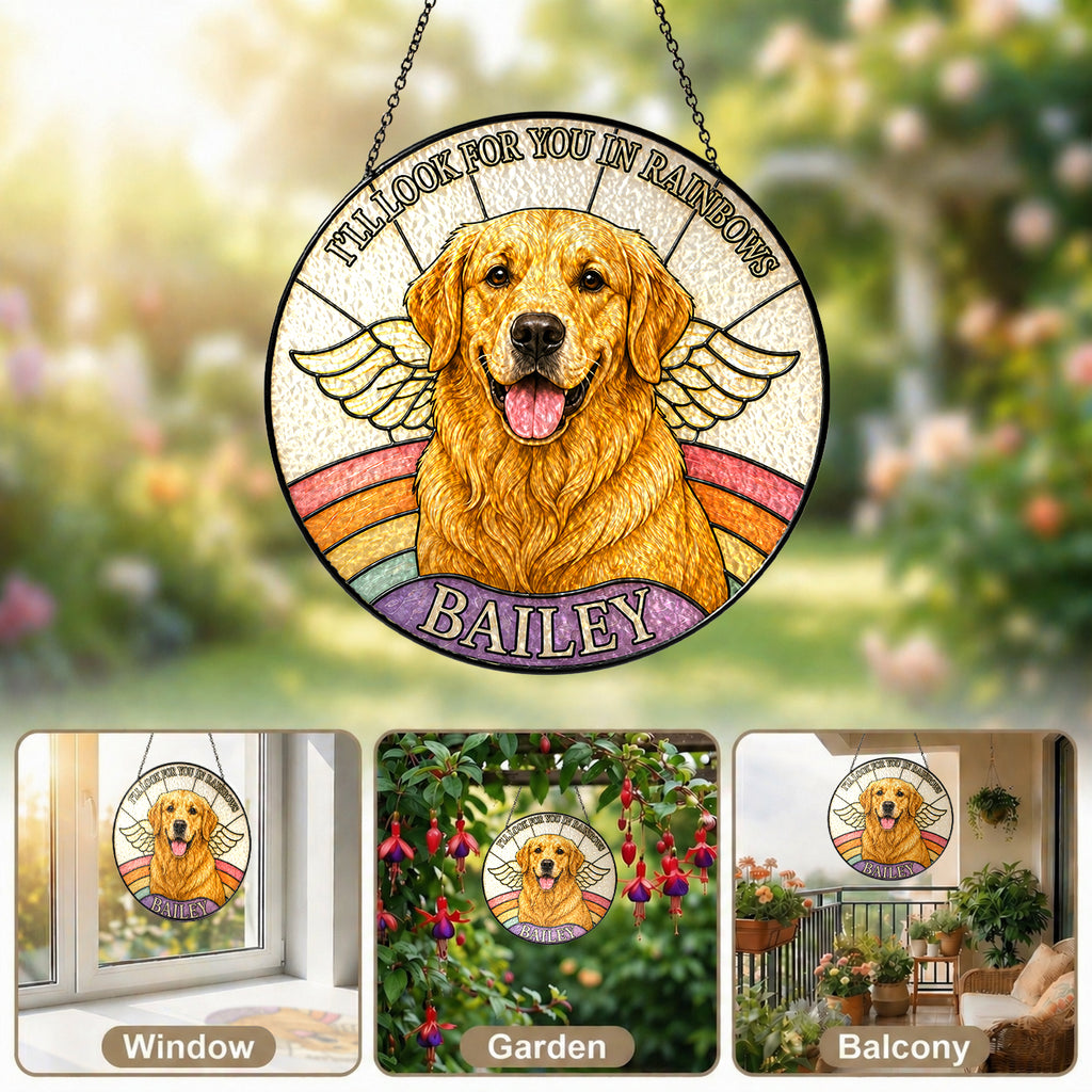 Personalized Dog Memorial Angel Wings Stained Glass Suncatcher
