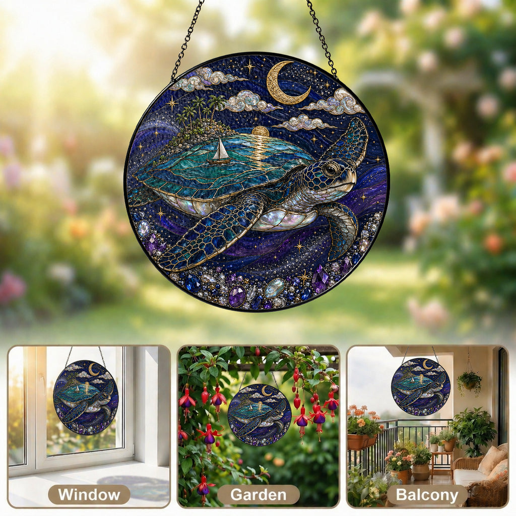 [PIXIWOO] Stained Glass Suncatcher Sea Turtle Window Hanging Decor, Ocean Turtle Island Acrylic Ornament, Moon Star Coastal Wall Art, Fantasy Beach House Sun Catcher Gift for Turtle Lovers