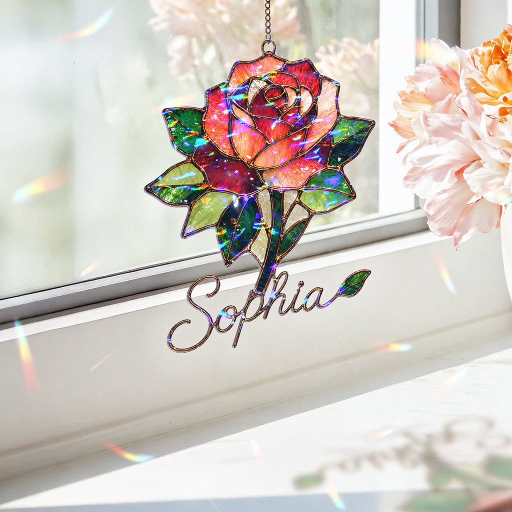 Personalized Red Rose Holographic Acrylic Suncatcher