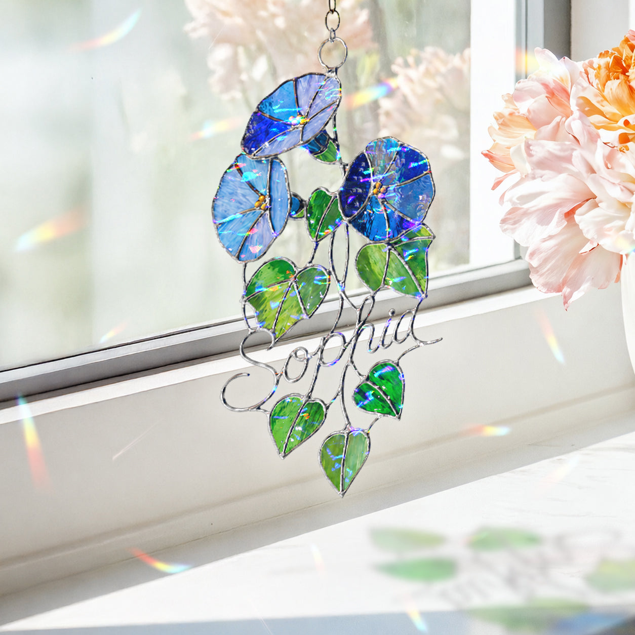 Personalized Blue Morning Glory Holographic Acrylic Suncatcher