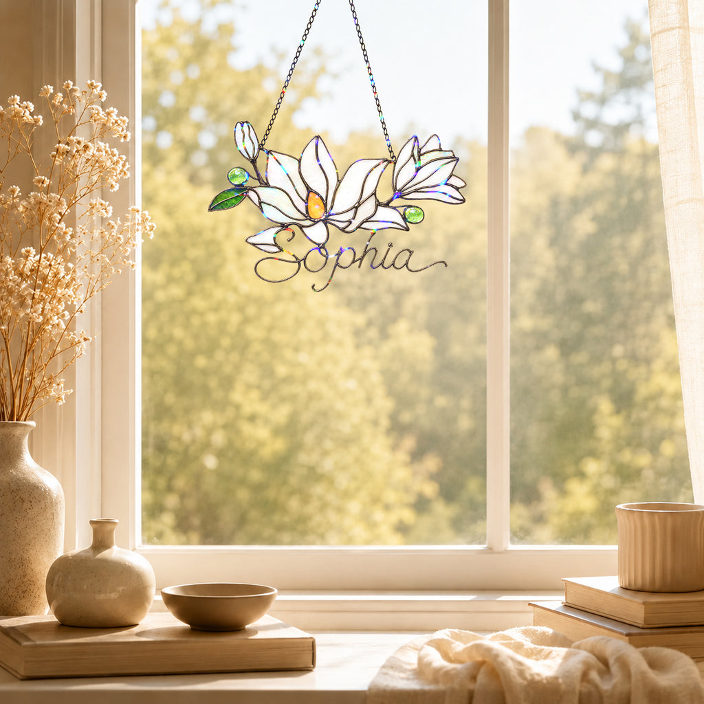 Personalized White Magnolia Branch Holographic Acrylic Suncatcher