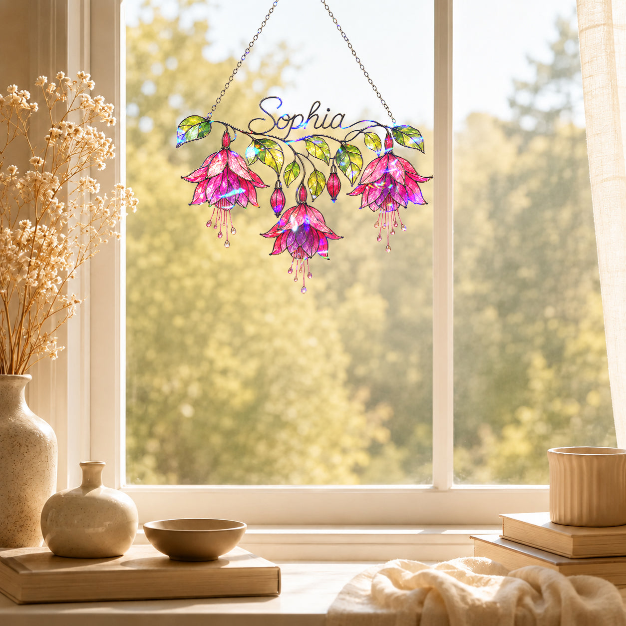 Personalized Pink Fuchsia Flower Holographic Acrylic Suncatcher