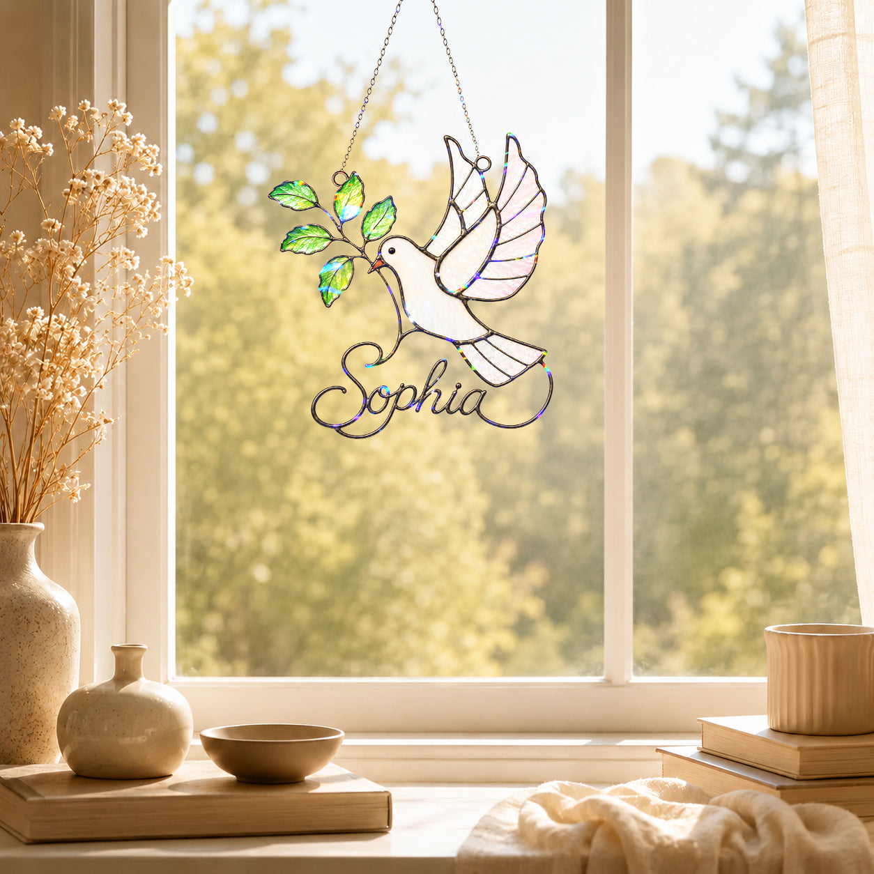 Personalized White Dove & Olive Branch Holographic Acrylic Suncatcher