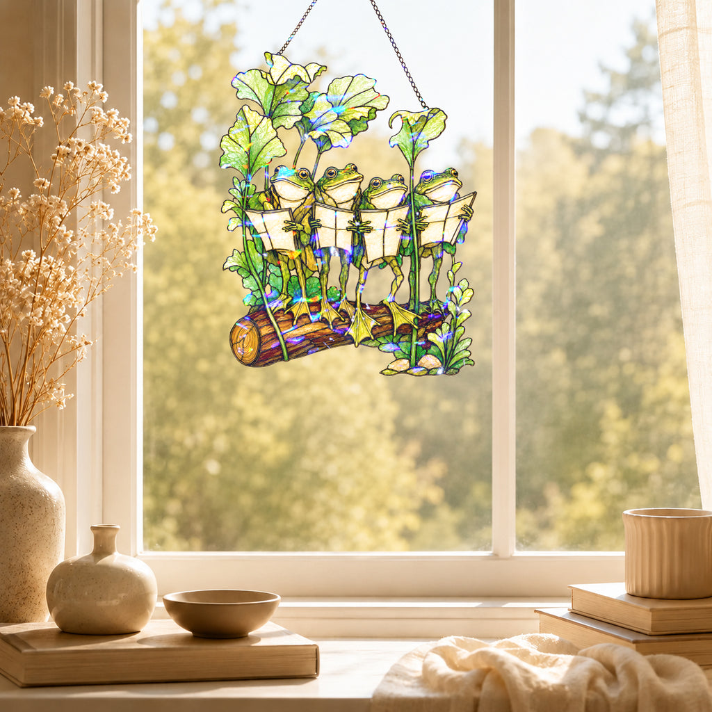 Four Frogs Reading Books on a Log Holographic Acrylic Suncatcher
