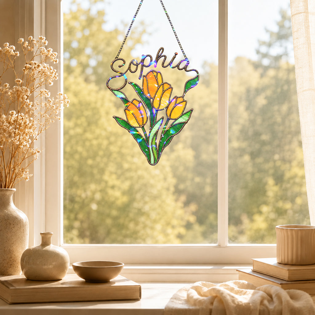 Personalized Yellow Tulip Bouquet Holographic Acrylic Suncatcher