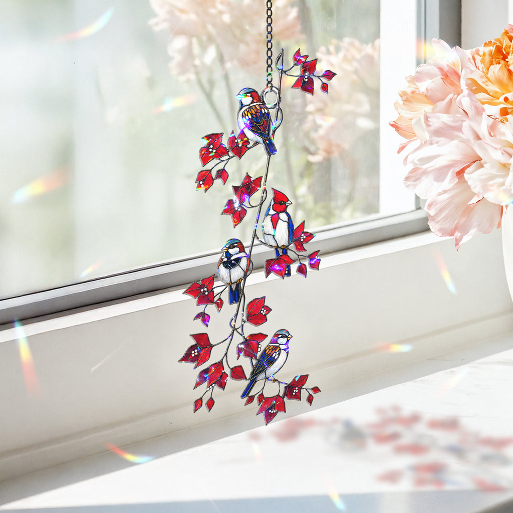 Sparrows & Cardinal on Red Leaf Vine Holographic Acrylic Suncatcher