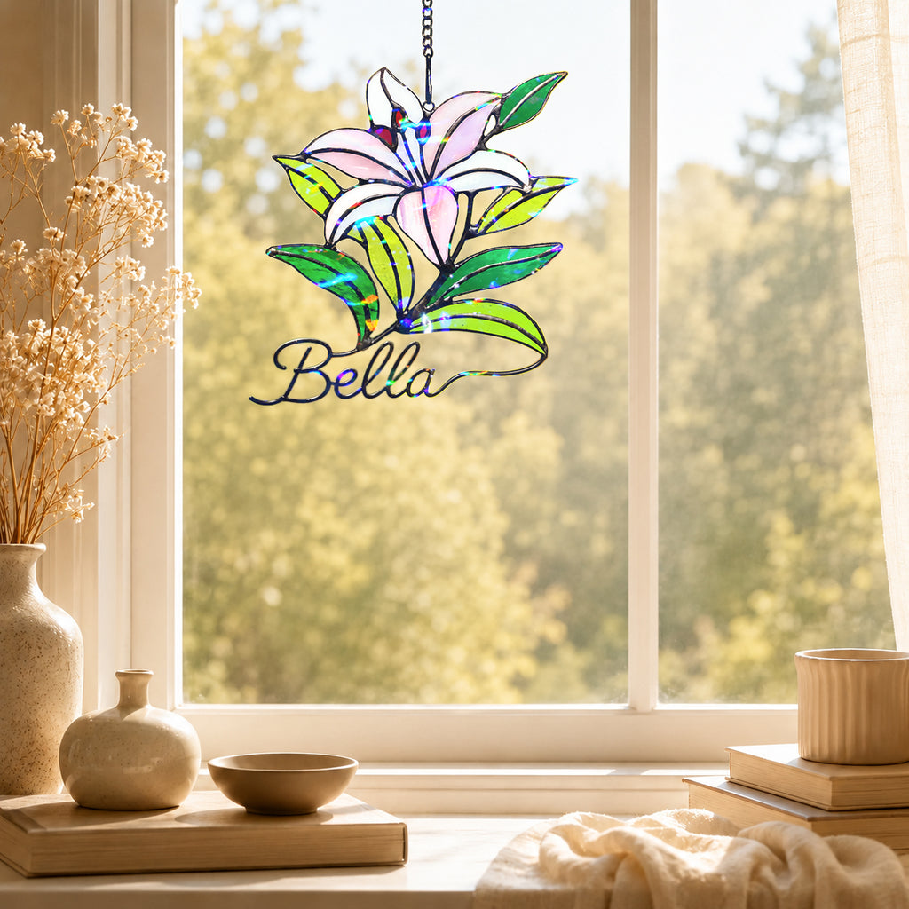 Personalized Pink Lily Flower Holographic Acrylic Suncatcher