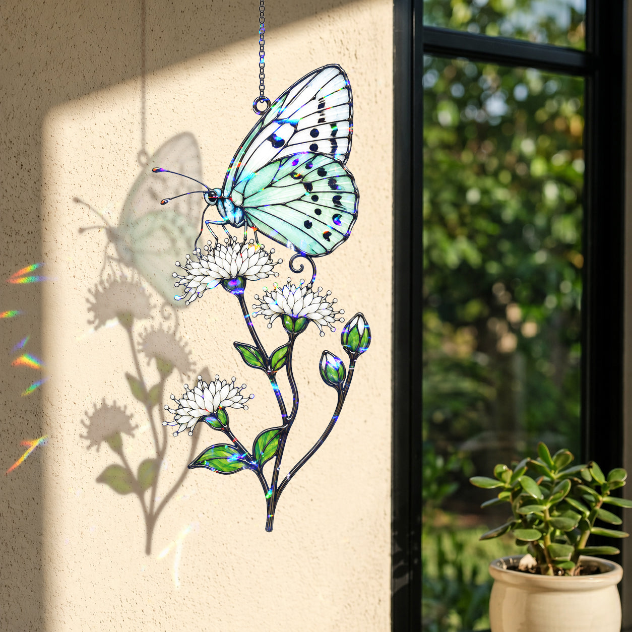 Mint Butterfly & White Blossom Holographic Acrylic Suncatcher