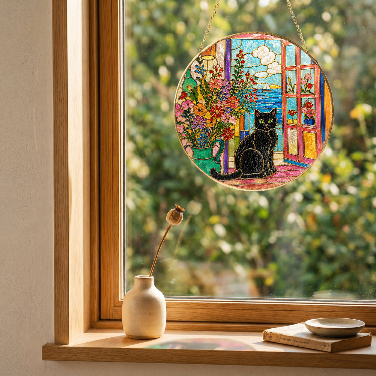 Black cat window stained glass suncatcher, handcrafted gold-framed suncatcher