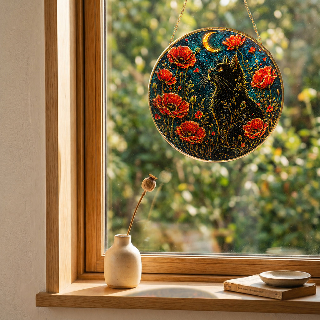 Black cat and red poppies stained glass suncatcher, handcrafted gold-framed suncatcher