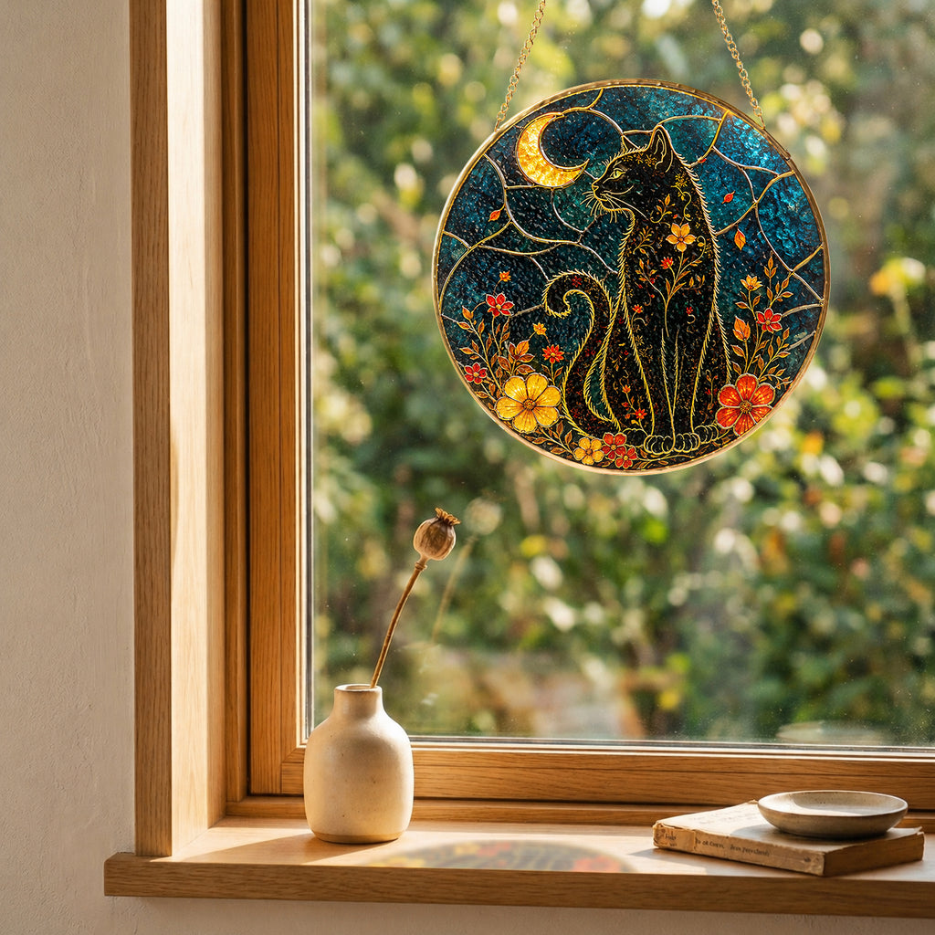 Black cat crescent moon stained glass suncatcher, handcrafted gold-framed suncatcher