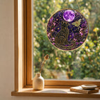 Celestial cat and purple moon stained glass suncatcher, handcrafted gold-framed suncatcher