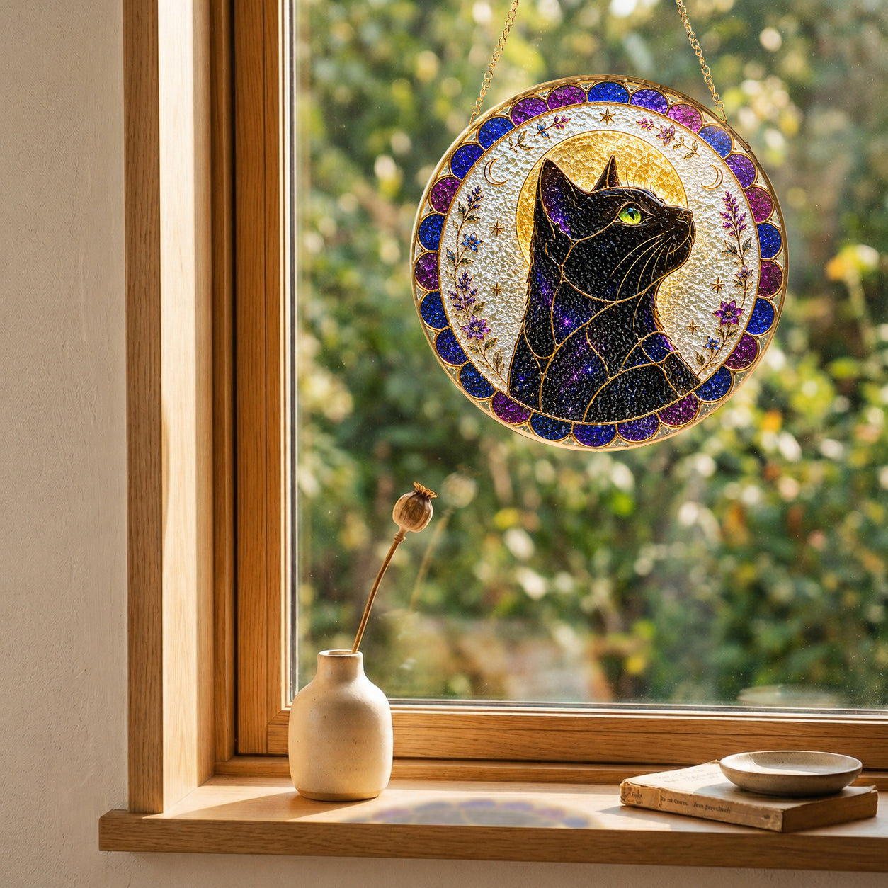 Mystical cat moon mandala stained glass suncatcher, handcrafted gold-framed suncatcher