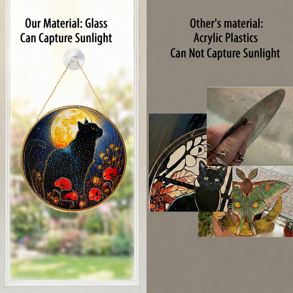 Black cat full moon stained glass suncatcher, handcrafted gold-framed suncatcher