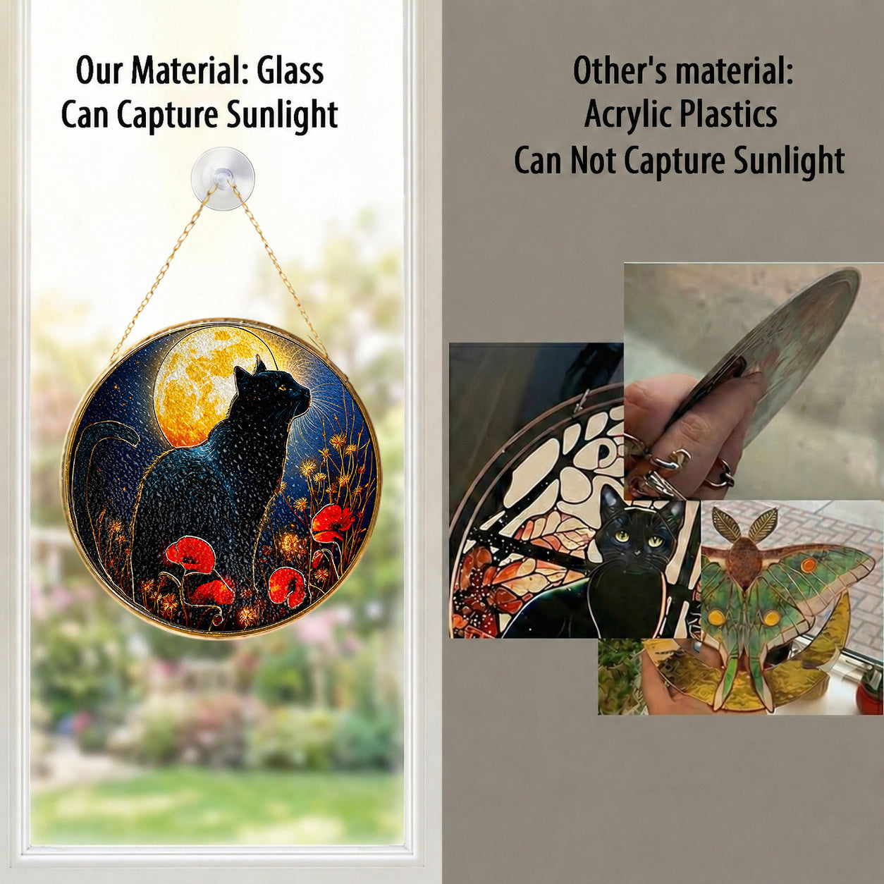 Black cat full moon stained glass suncatcher, handcrafted gold-framed suncatcher