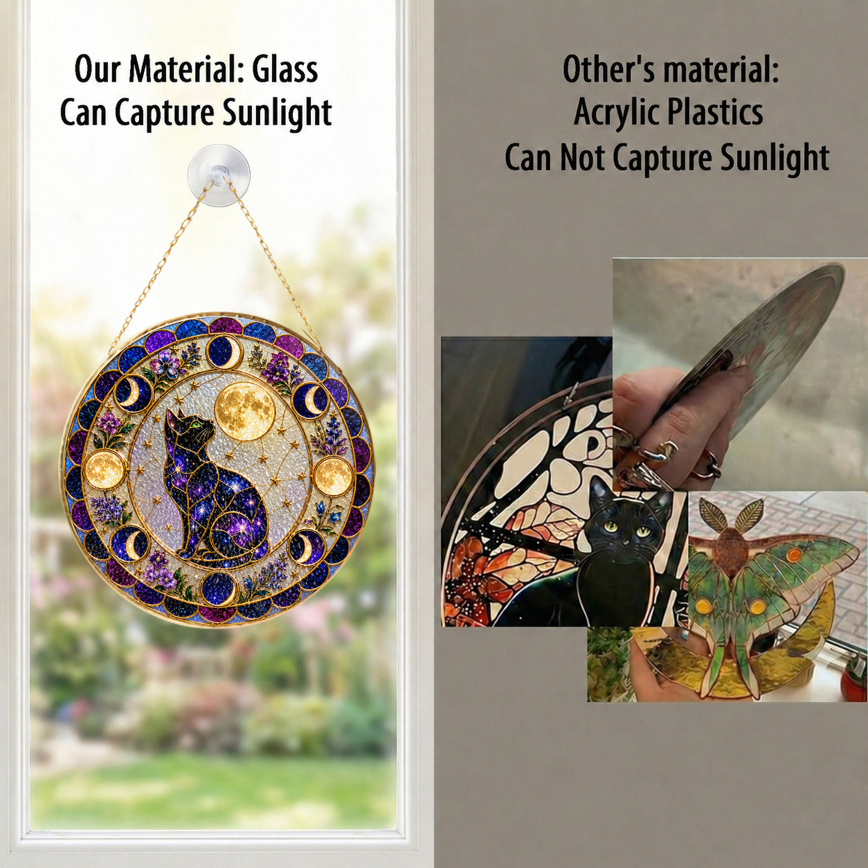 Galaxy cat moon phases stained glass suncatcher, handcrafted gold-framed suncatcher