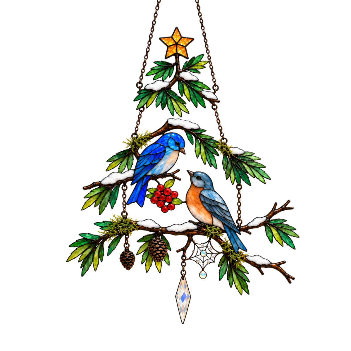 Bluebird Pair Snowy Pine Tree Holographic Acrylic Suncatcher