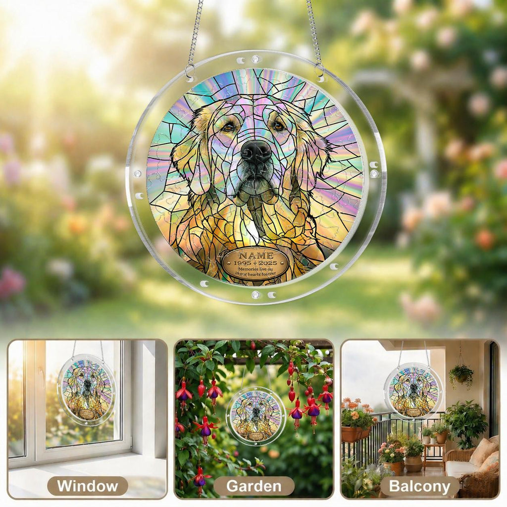 Golden doodle memorial puzzle suncatcher on its hanging chain against a white background