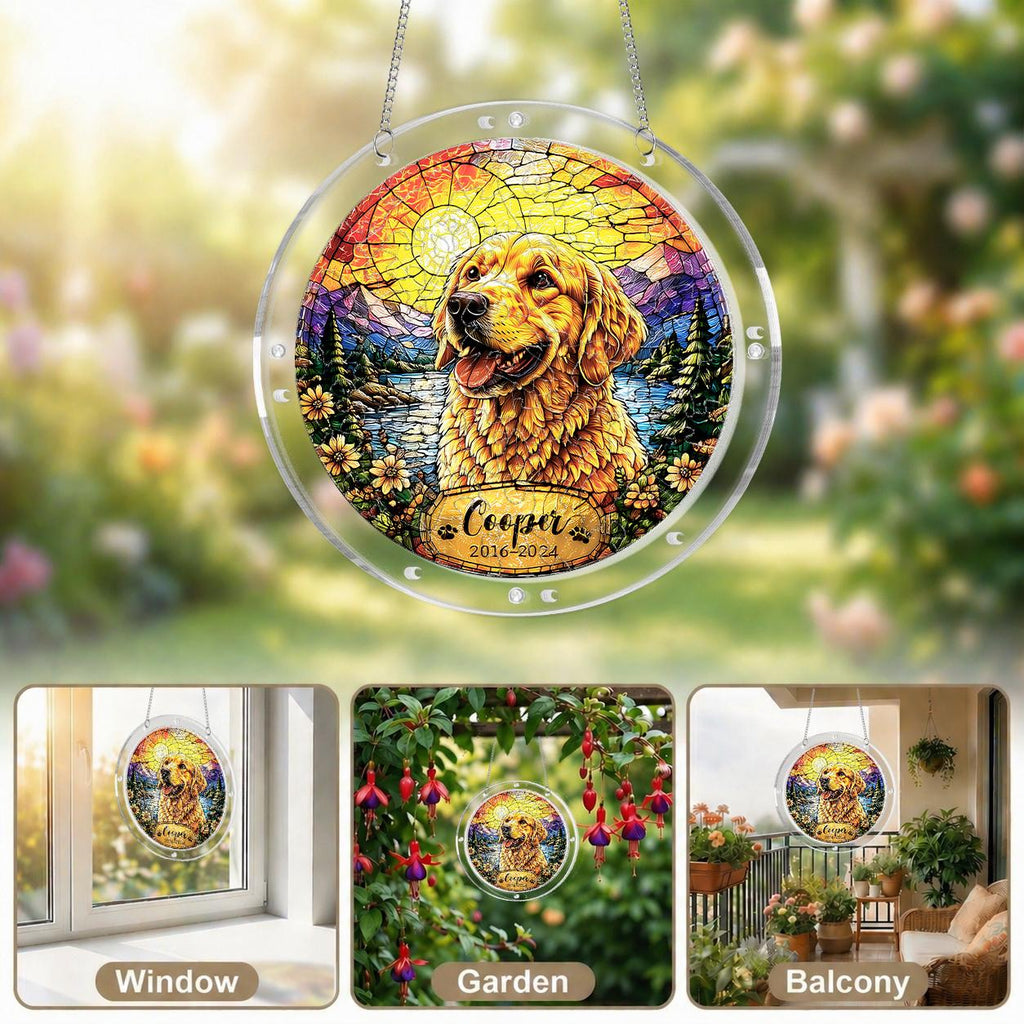 Golden retriever memorial puzzle suncatcher on its hanging chain against a white background
