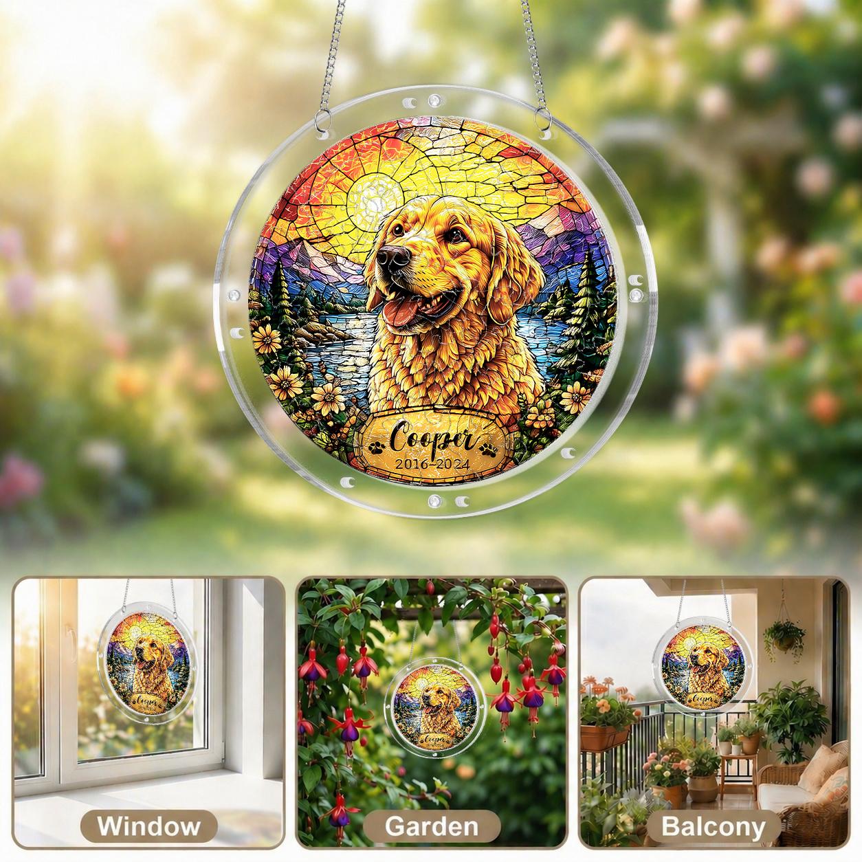 Golden retriever memorial puzzle suncatcher on its hanging chain against a white background