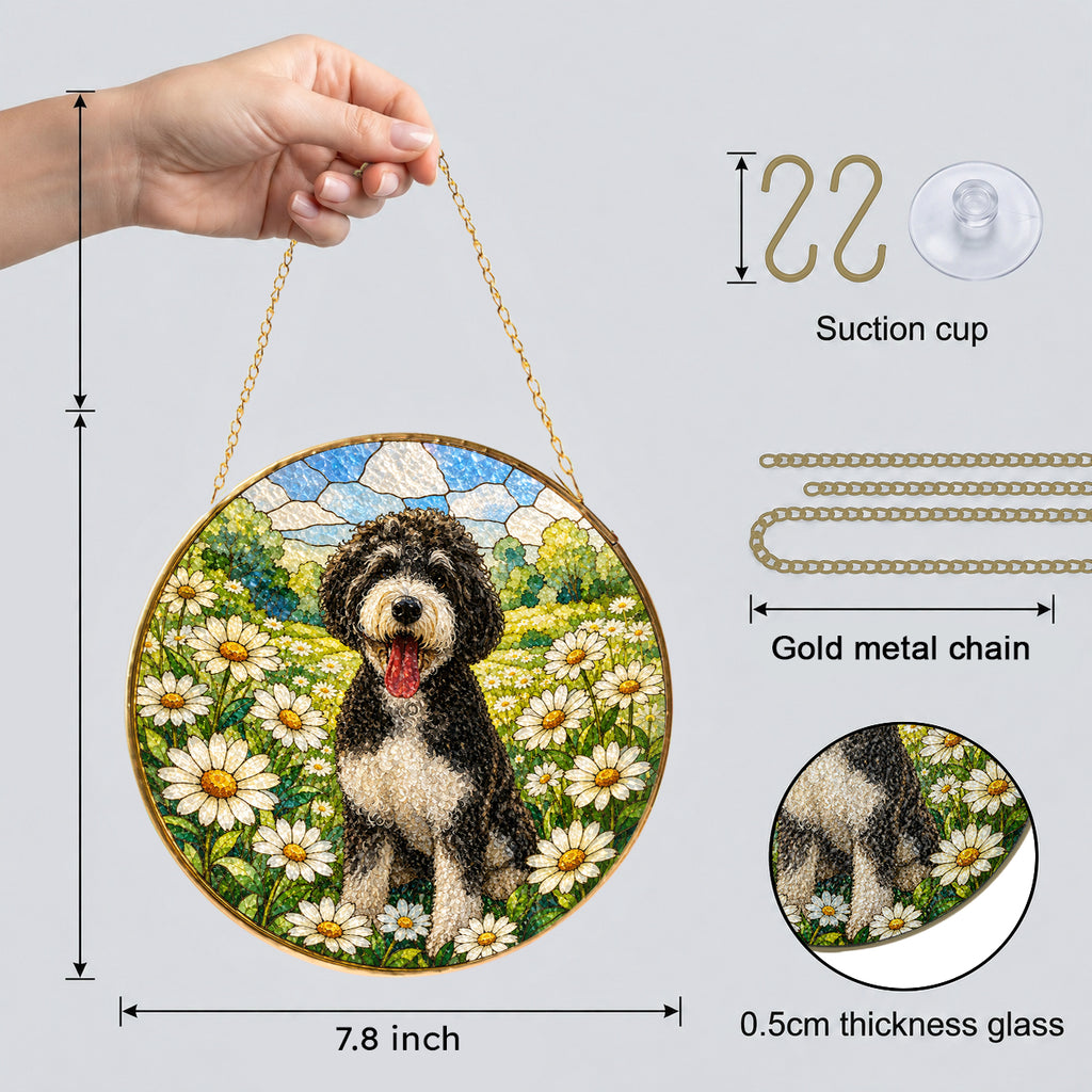 Doodle Dog in Daisy Field Suncatcher with hanging chain