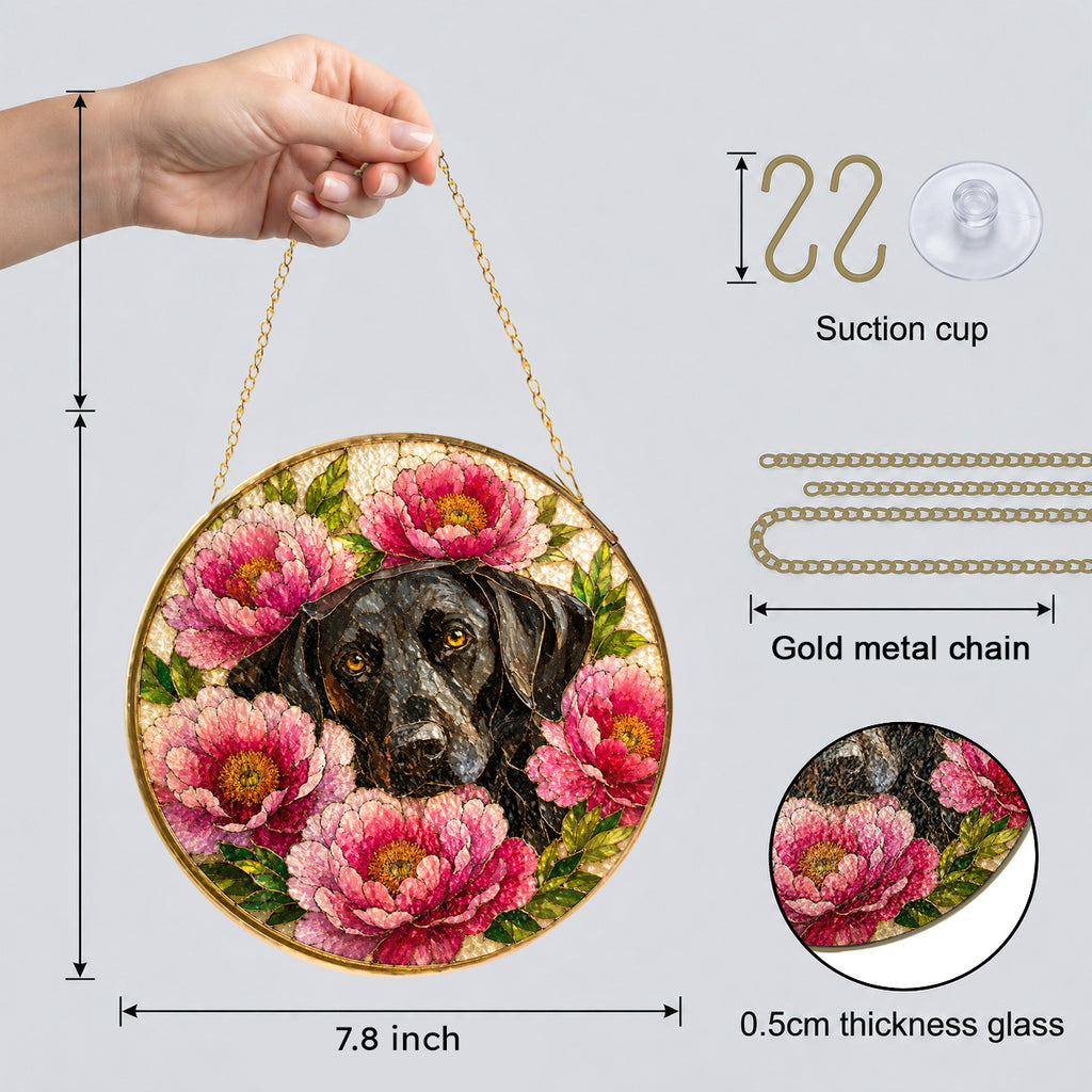 Black Lab & Peonies Glass Suncatcher with hanging chain