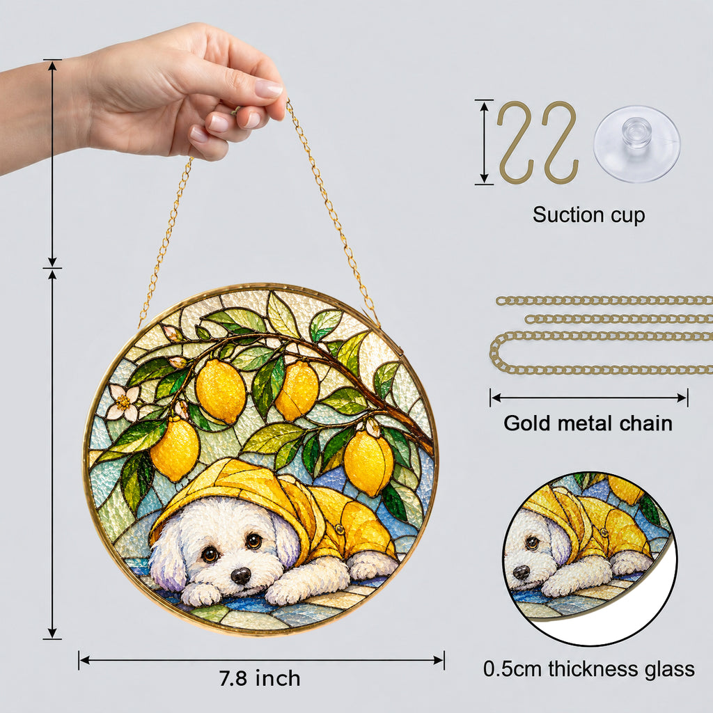 White Puppy & Lemons Glass Suncatcher with hanging chain