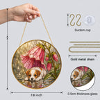Puppy & Pink Flower Rain Suncatcher with hanging chain