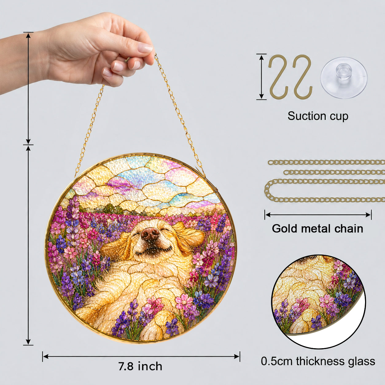 Golden Pup in Lavender Field Suncatcher with hanging chain