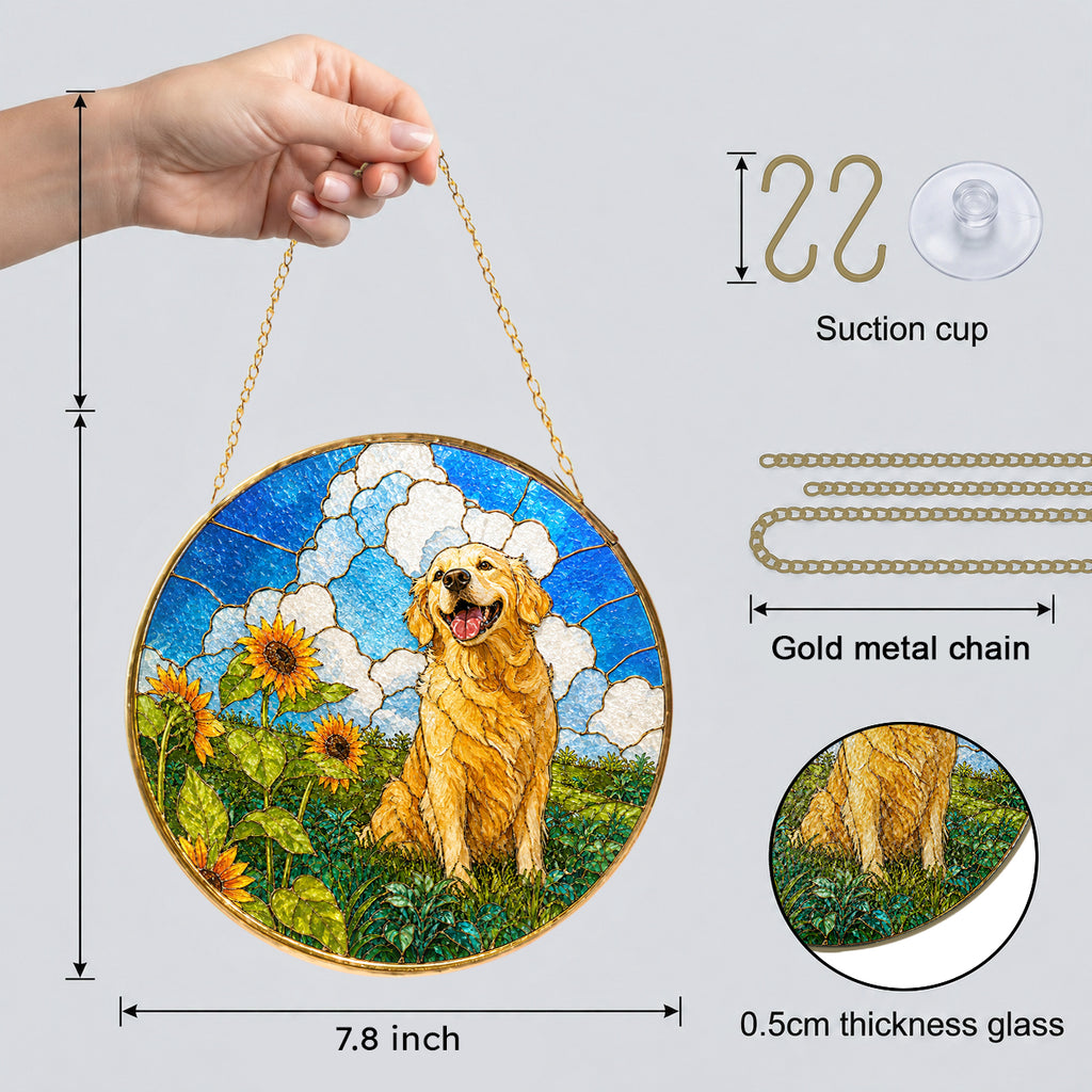 Golden Retriever Sunflower Field Suncatcher with hanging chain