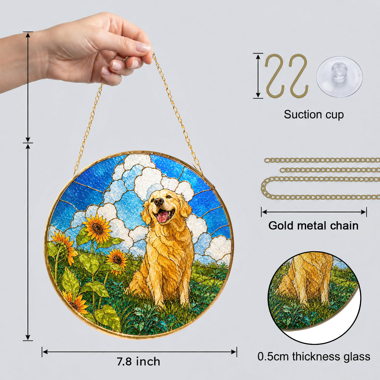 Golden Retriever Sunflower Field Suncatcher with hanging chain