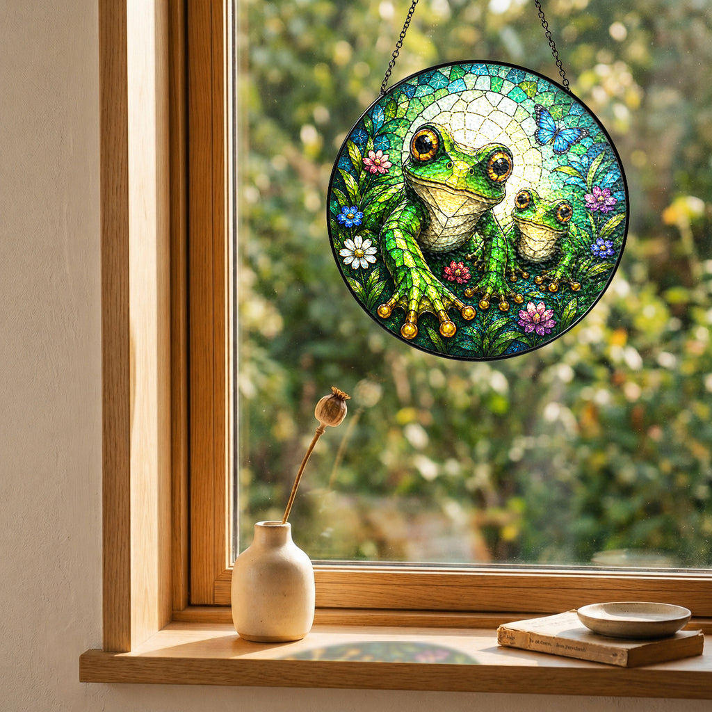 Mama and Baby Frog Wildflower Stained Glass Suncatcher