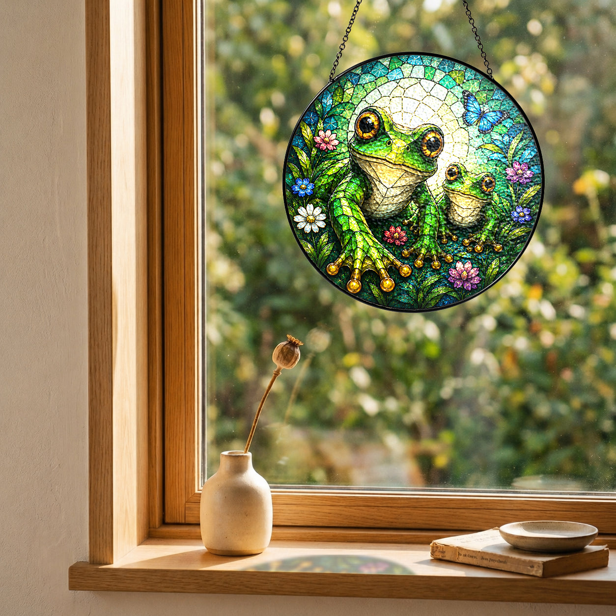 Mama and Baby Frog Wildflower Stained Glass Suncatcher